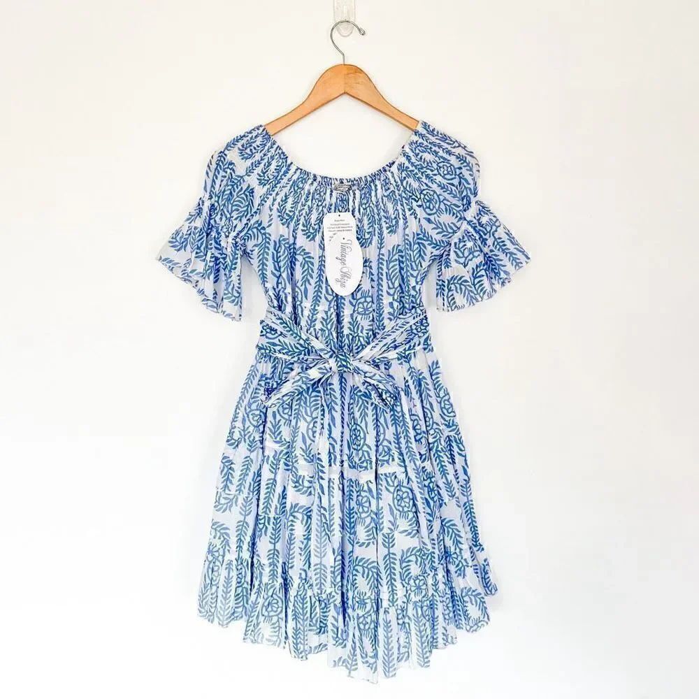 Vintage Ibiza Women’s Lightweight Cotton Blue and White Bobbin Off the Shoulder